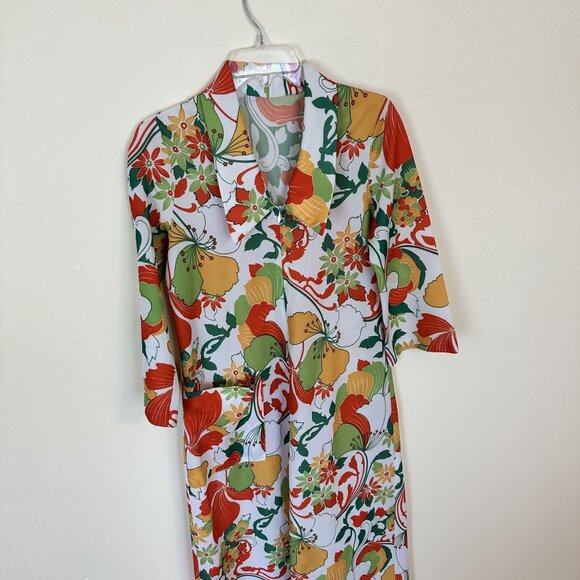 House Dress MuMu Maxi 1970 Pockets Groovy Poly Vintage Floral Print Long Sleeve - Picture 6 of 12